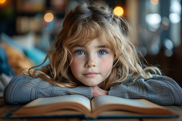 portrait caucasian girl child  blue eyes in library with book