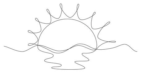 Wall Mural - Sunset continuous one line art outline. Sun contour line. Vector illustration isolated on transparent. Editable stroke.