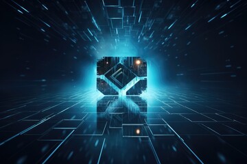 Futuristic Data Stream Network with Blue Light. High-speed data network concept with light streaks and digital cubes on a dynamic blue background.