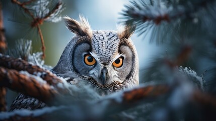 Owl on the tree. Hidden portrait of Long-eared Owl with big orange eyes behind larch tree trunk, wild animal in the nature habitat, Sweden. Wildlife scene from nature
