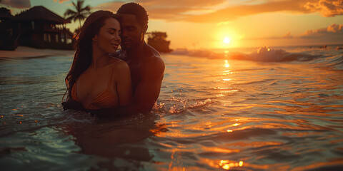 Beautiful brunette woman in the arms of a handsome black man on a coastal tropical beach at sunrise.