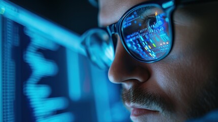 Focused developer coder wears glasses working on computer looking at programming code data cyber security digital tech reflecting.