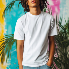Wall Mural - White T-shirt Mockup, Man, guy, male, Model, Wearing a White Tee Shirt and Blue Jeans, Fitted Blank Shirt Template, Standing in a Room with Plants, Close-up View