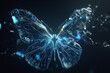 Design a 3D animated holographic butterfly set against a dark mysterious background emphasizing its ethereal beauty and uniqueness