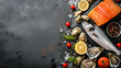 Seafood Dorado salmon crab grouper oysters. On a black background, copy space, generative ai