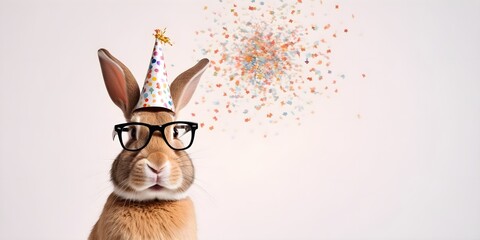 Wall Mural - Rabbit in a festive hat and glasses. Creative animal concept. Postcard or invitation to a party. Banner for advertising