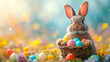 Cute rabbit holding a basket with colorful Easter eggs among green grass and flowers, copy space on the left for your text