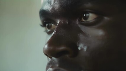 A man of African descent with a distant look in his eyes struggling with feelings of inadequacy, Close Up of a Mans Face and Nose
