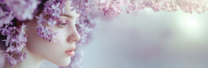 Wall Mural - Profile portrait of a beautiful woman with spring flowers all around her. The arrival of spring and Mother's Day creative concept banner. Purple tones colors. Fresh aroma and harmony.