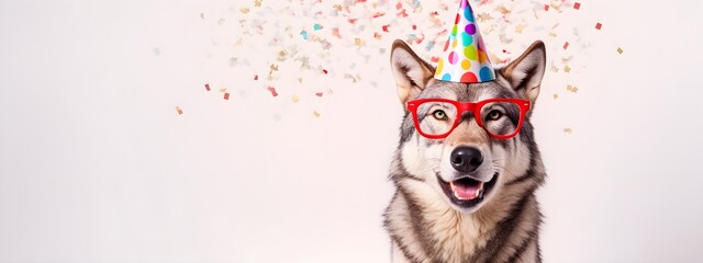 Wall Mural - a wolf wearing a party hat and glasses. Creative animal concept. Postcard or invitation to a party. Banner for advertising