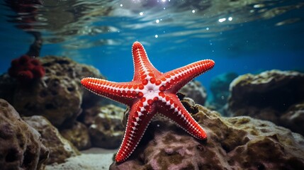 Wall Mural - White and red starfish on coral reef underwater