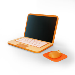 Brown 3d laptop with cartoon style and cute mouse. 3d render illustration