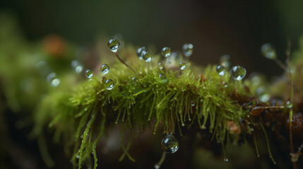 Wall Mural - hyper-realistic macro images featuring dewdrops on moss-covered surfaces. frame the composition to h