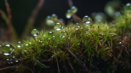 Wall Mural - hyper-realistic macro images featuring dewdrops on moss-covered surfaces. frame the composition to h