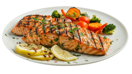 Wall Mural - Top view Grilled salmon and vegetables isolated on transparent and white background.PNG image