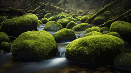 Wall Mural - Photograph hyper-realistic images of moss-covered rocks in a tranquil stream. Frame the composition to showcase the vibrant green moss contrasting with the flowing water, creating a cinematic and sere