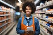 Positive female seller or shop assistant portrait in hardware supermarket store