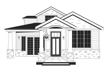 Wall Mural - Cozy family home outside black and white 2D line cartoon object. Dwelling house. Housing estate. Living building isolated vector outline item. Property exterior monochromatic flat spot illustration