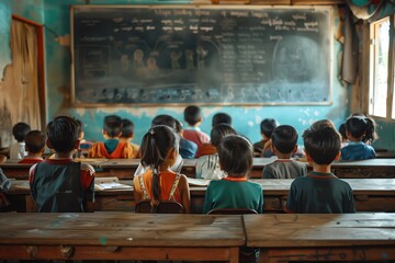 Group of children from various ethnic backgrounds learning in a poorly equipped classroom, showing the impact of social inequity on education