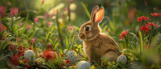 Cute white rabbit surrounded by colorful Easter eggs and spring flowers in a sunny field