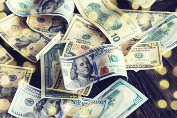 Wall Mural - Money scattered on the desk. Money, US dollar bills background. Photography for Finance and Economy concepts.