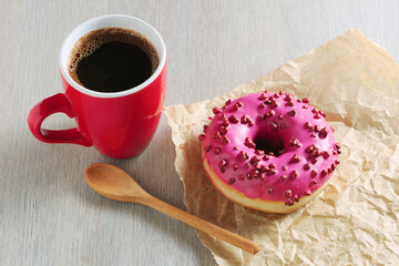 Wall Mural - Pink donut and hot coffee