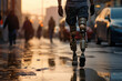 © syhin_stas - A man walks along a city street with a bionic prosthetic leg. Development of prosthetic technologies. Health of disabled people. The ability to walk like healthy people