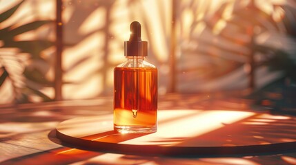 A glass bottle featuring an orange oil dropper for skin and hair care