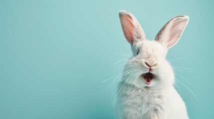 Wall Mural - cute white bunny with a happy expression on a plain background, ideal for easter greetings and decor