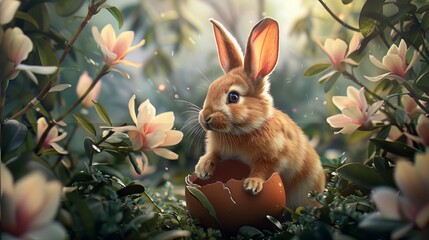 Wall Mural - adorable baby rabbit as easter bunny in egg on green grass with flowers for wallpaper design