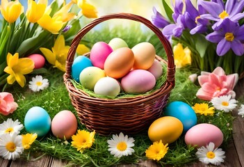 Wall Mural - A delightful scene of a wicker basket overflowing with colorful Easter eggs