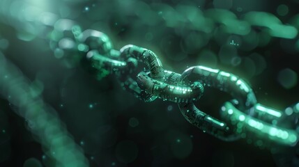 Wall Mural - abstract concept of blockchain technology with a green glowing digital chain against a bokeh light b