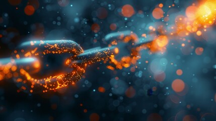 Wall Mural - dynamic visualization of a blockchain link with fiery data transfer, glowing orange amidst a cool bo