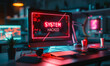 © Bartek - Cybersecurity breach warning with SYSTEM HACKED alert on a computer screen in a dark office environment, symbolizing internet safety threats