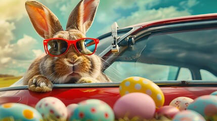 Wall Mural - Adorable rabbit wearing cool shades in a festive vehicle full of colorful eggs for Easter celebration