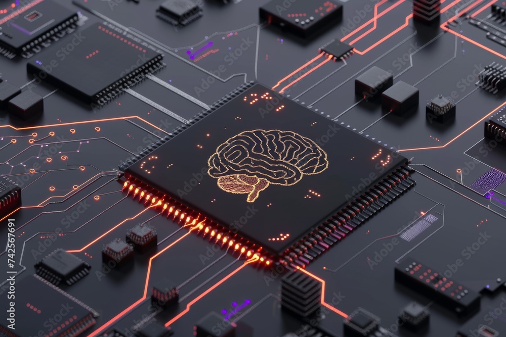 AI Brain Chip cognitive. Artificial Intelligence ai human chip integration mind circuit board. Neuronal network nanoporous materials smart computer processor neural coding