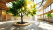 © PSCL RDL - concept of green, eco-building. green tree indoors with solar canopy for energy efficiency and clean