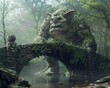 Bridge guarded by a simmering troll in a magical forest