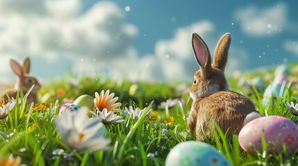 Wall Mural - Spring celebration concept: Easter rabbit and painted eggs on fresh meadow
