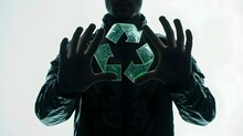 Futuristic Silhouette Of Hands Holding A Green Recycling Symbole To Promote Responsible Waste Management, The Background Is White, The Clothing Is Minimal, Hyperrealistic Scene, The Guy Is Just Slight