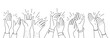 Doodle applause hands silhouettes. People clapping hands, vector outline audience of men and women raising arms and making applause. Fun, party, celebration or greetings, bravo and ovation concept