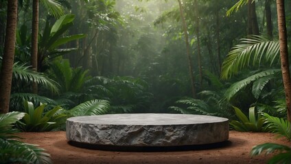 Wall Mural - Empty stone product display podium with tropical forest background . Product presentation ideas