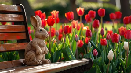 Wall Mural - Cute Easter bunny sitting on a wooden bench surrounded by colorful tulips in a spring garden