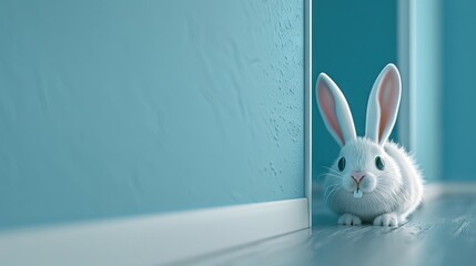 Wall Mural - Cute Easter bunny peeking out of a blue wall with copy space. 3D illustration of a festive holiday concept.