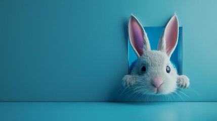 Canvas Print - Cute Easter bunny peeking out of a blue wall with copy space. 3D illustration of a festive holiday concept.