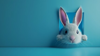 Wall Mural - Cute Easter bunny peeking out of a blue wall with copy space. 3D illustration of a festive holiday concept.