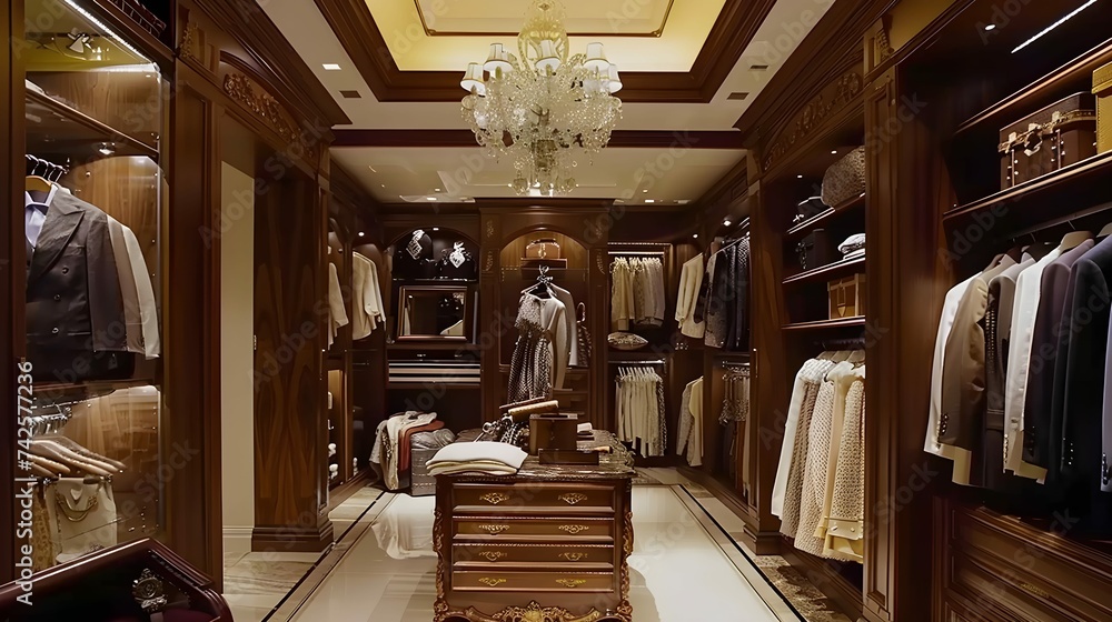 Luxurious walk-in closet with elegant wardrobe design. Interior design ...