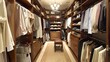 Luxurious walk-in closet with elegant wardrobe design. Interior design and organization.