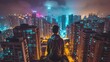 © musa - Man's back on top of building looking at city building view at night, AI generated Image