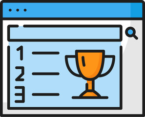 Fototapete - Top search. CDN. Content delivery network icon, web portal data or Internet content search outline vector symbol, CDN thin line sign with webpage search window and golden cup